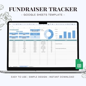 May include: A Google Sheets template for tracking a fundraiser. The spreadsheet includes columns for date, donor, amount, payment type, payment details, and notes. A pie chart shows the percentage of fundraising goal reached. The spreadsheet is on a laptop screen with a floral design on the background.