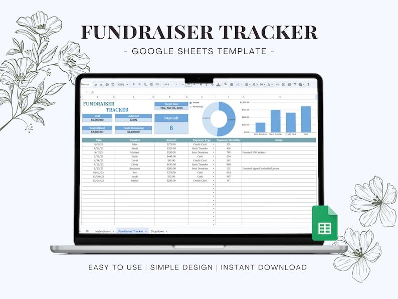 Fundraiser Tracker Google Sheets Spreadsheet Template, Charity Donor ...