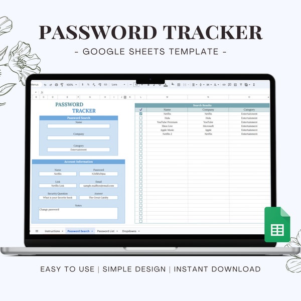 Password Tracking Google Sheets Template, Digital Subscription & Account Password Book, Account Organization Spreadsheet, Password List