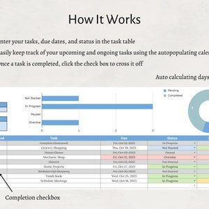 Op de afbeelding: Een taaktrackertabel met een blauw en grijs kleurenschema. De tabel heeft kolommen voor taak, vervaldatum, status en resterende dagen. De tabel wordt gebruikt om taken en hun voortgang bij te houden. De tabel bevat ook een selectievakje voor voltooiing voor elke taak. De tabel wordt vergezeld door een cirkeldiagram dat het percentage voltooide en in behandeling zijnde taken laat zien.