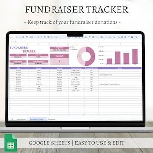 May include: A screenshot of a Google Sheet spreadsheet titled "Fundraiser Tracker" with a pink and white pie chart and bar graph. The spreadsheet is used to track donations, donors, payment type, and notes. The spreadsheet is labelled "Google Sheets | Easy to Use & Edit".