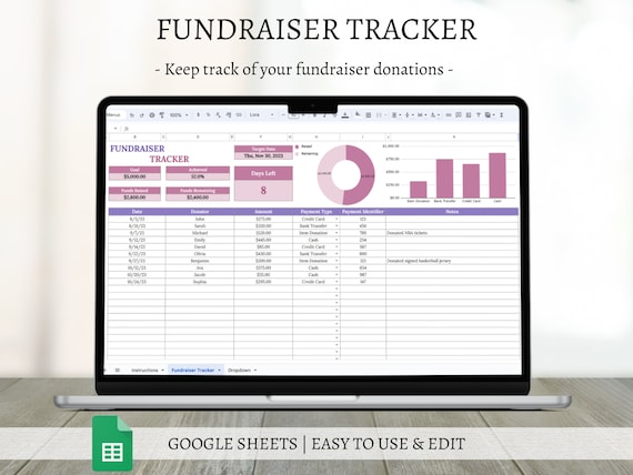 Fundraiser Donation Tracking Spreadsheet Template for Google Sheets, Charity Event Donor List, Nonprofit Organization Budget Manager
