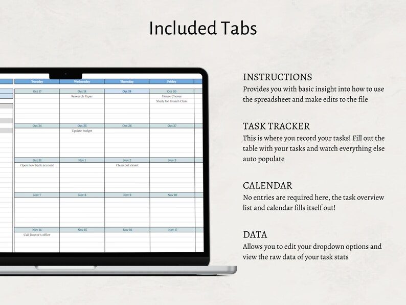 Op de afbeelding: Een laptopscherm dat een spreadsheet toont met tabbladen met de labels "Instructies", "Taaktracker", "Kalender" en "Data". De spreadsheet is een weekkalender met taken die voor elke dag worden vermeld.
