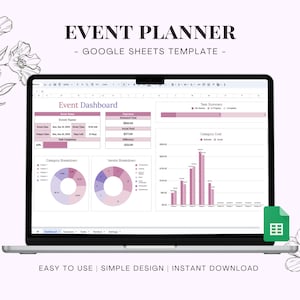 Könnte beinhalten: Ein Laptop-Computer, auf dem eine Google Sheets-Tabellenvorlage für die Eventplanung angezeigt wird. Die Tabelle enthält Diagramme und Grafiken zur Verfolgung des Eventbudgets, der Aufgaben und der Anbieterinformationen. Der Text "EVENT PLANNER - GOOGLE SHEETS TEMPLATE -" wird oben auf dem Bildschirm angezeigt.