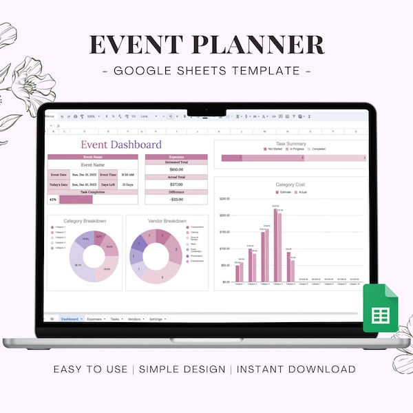 Event Planner Spreadsheet Template for Google Sheets, Digital Party Planning, Automated Dashboard, Budget Tracker, Task & Vendor List