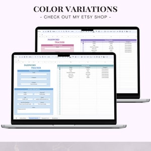 May include: Two laptop screens displaying a password tracker spreadsheet with a blue and purple color scheme. The spreadsheet includes columns for website, username, password, security questions, and notes. The text "PASSWORD TRACKER" is displayed in a blue box at the top of the spreadsheet.