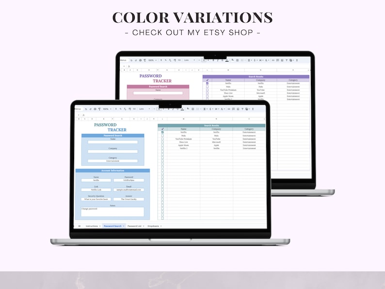 May include: Two laptop screens displaying a password tracker spreadsheet with a blue and purple color scheme. The spreadsheet includes columns for website, username, password, security questions, and notes. The text "PASSWORD TRACKER" is displayed in a blue box at the top of the spreadsheet.