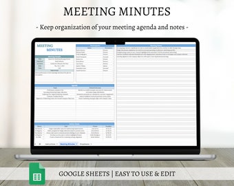 Meeting Agenda & Notes Google Sheets Spreadsheet Template, Meeting Minutes Planner, Digital Meeting Action Items and Organizer for Work