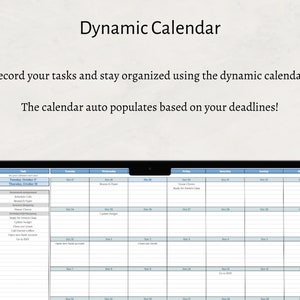 Op de afbeelding: Een screenshot van een computerscherm waarop een kalender-app wordt weergegeven met de titel "Dynamische kalender". De kalender is verdeeld in dagen van de week en heeft voor elke dag een lijst met taken. De tekst "Noteer uw taken en blijf georganiseerd met behulp van de dynamische kalender!" en "De kalender vult automatisch in op basis van uw deadlines!" wordt boven de kalender weergegeven.