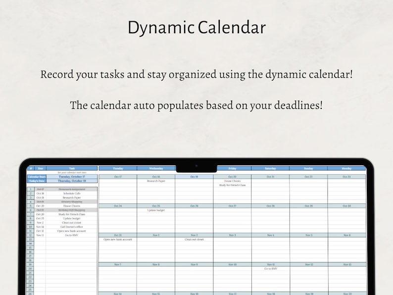Op de afbeelding: Een screenshot van een computerscherm waarop een kalender-app wordt weergegeven met de titel "Dynamische kalender". De kalender is verdeeld in dagen van de week en heeft voor elke dag een lijst met taken. De tekst "Noteer uw taken en blijf georganiseerd met behulp van de dynamische kalender!" en "De kalender vult automatisch in op basis van uw deadlines!" wordt boven de kalender weergegeven.