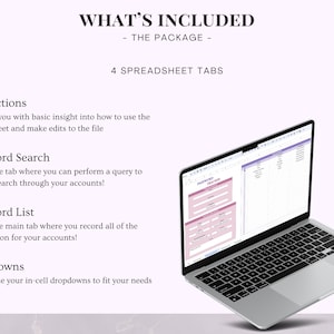 May include: A laptop computer displaying a spreadsheet with four tabs: Instructions, Password Search, Password List, and Dropdowns. The spreadsheet is designed to help users manage their passwords.