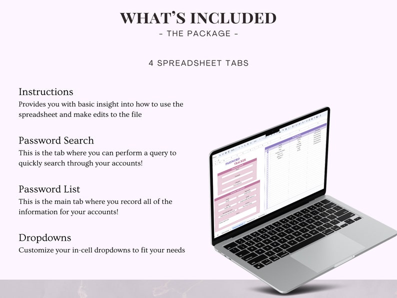 May include: A laptop computer displaying a spreadsheet with four tabs: Instructions, Password Search, Password List, and Dropdowns. The spreadsheet is designed to help users manage their passwords.