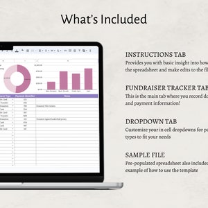 May include: A laptop screen displaying a spreadsheet with a pink and purple color scheme. The spreadsheet is titled "What's Included" and includes tabs for "Instructions", "Fundraiser Tracker", "Dropdown", and "Sample File".