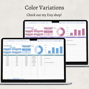 May include: Two screenshots of a spreadsheet program showing a fundraiser tracker. The spreadsheet has columns for date, donation amount, donation type, and notes. The top screenshot shows a pie chart and bar graph with pink and purple colors. The bottom screenshot shows a pie chart and bar graph with blue colors. The text "FUNDRAISER TRACKER" is at the top of each screenshot.