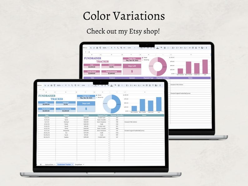 May include: Two screenshots of a spreadsheet program showing a fundraiser tracker. The spreadsheet has columns for date, donation amount, donation type, and notes. The top screenshot shows a pie chart and bar graph with pink and purple colors. The bottom screenshot shows a pie chart and bar graph with blue colors. The text "FUNDRAISER TRACKER" is at the top of each screenshot.