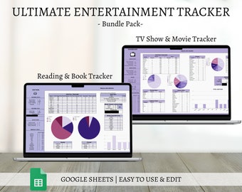 May include: Two laptops displaying digital trackers for entertainment. One screen shows a "Reading & Book Tracker" with charts and tables. The other displays a "TV Show & Movie Tracker." The text "ULTIMATE ENTERTAINMENT TRACKER" and "GOOGLE SHEETS | EASY TO USE & EDIT" are also visible.