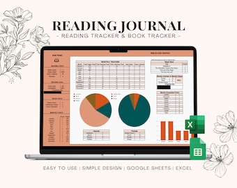 Op de afbeelding: Een laptopscherm waarop een spreadsheet van een leesdagboek te zien is met een zijpaneel, een maandelijkse tracker en tabellen en grafieken. De spreadsheet is ontworpen om leesdoelen, gelezen boeken en gelezen pagina's bij te houden. De spreadsheet is compatibel met Google Sheets en Excel. De afbeelding bevat ook een bloemmotief.