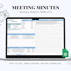Könnte beinhalten: Ein Laptop zeigt ein Dokument "MEETING MINUTES - GOOGLE SHEETS TEMPLATE". Der Bildschirm zeigt eine blau-weiße Tabelle mit Abschnitten für Besprechungsdetails, Teilnehmer, Tagesordnung und Aktionspunkte. Der Text "EASY TO USE | SIMPLE DESIGN | INSTANT DOWNLOAD" steht unten.