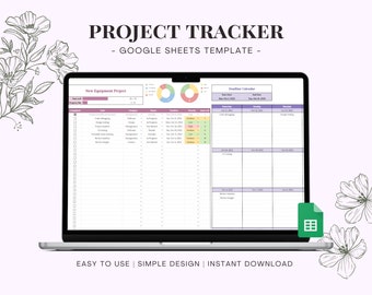 May include: A laptop computer displaying a Google Sheets template for project tracking. The template includes a project progress bar, a task list, a deadline calendar, and a pie chart. The template is titled "New Equipment Project".