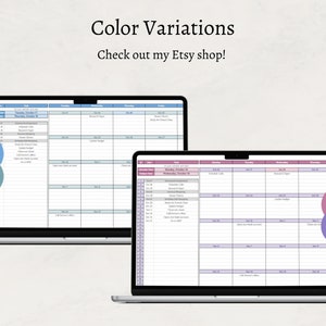 Op de afbeelding: Twee laptopschermen die verschillende kleurvariaties van een weekplanner weergeven. Het linker scherm heeft een blauw en turquoise kleurenschema, terwijl het rechter scherm een paars en roze kleurenschema heeft. De tekst "Color Variations" en "Check out my Etsy shop!" wordt boven de laptops weergegeven.
