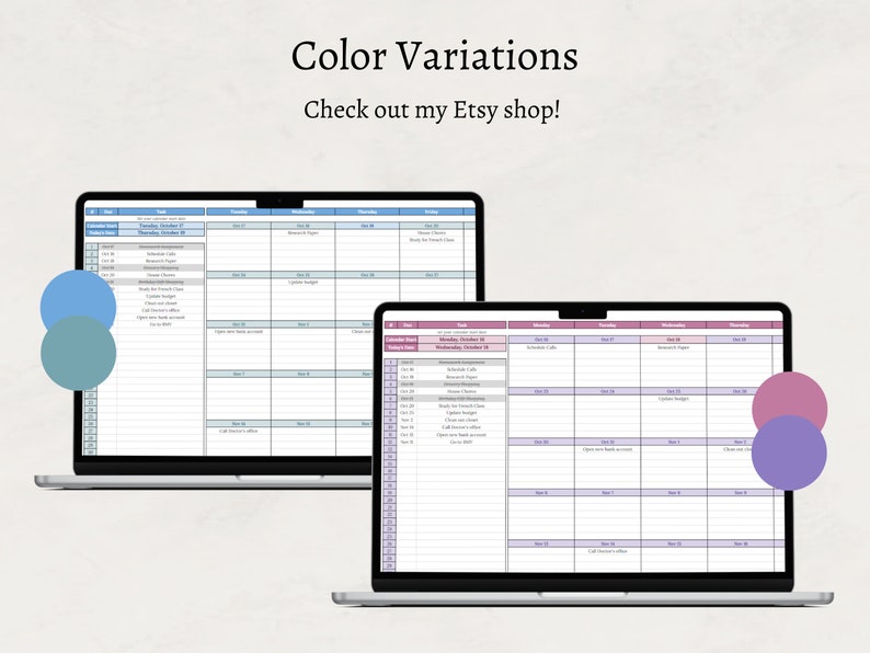 Op de afbeelding: Twee laptopschermen die verschillende kleurvariaties van een weekplanner weergeven. Het linker scherm heeft een blauw en turquoise kleurenschema, terwijl het rechter scherm een paars en roze kleurenschema heeft. De tekst "Color Variations" en "Check out my Etsy shop!" wordt boven de laptops weergegeven.