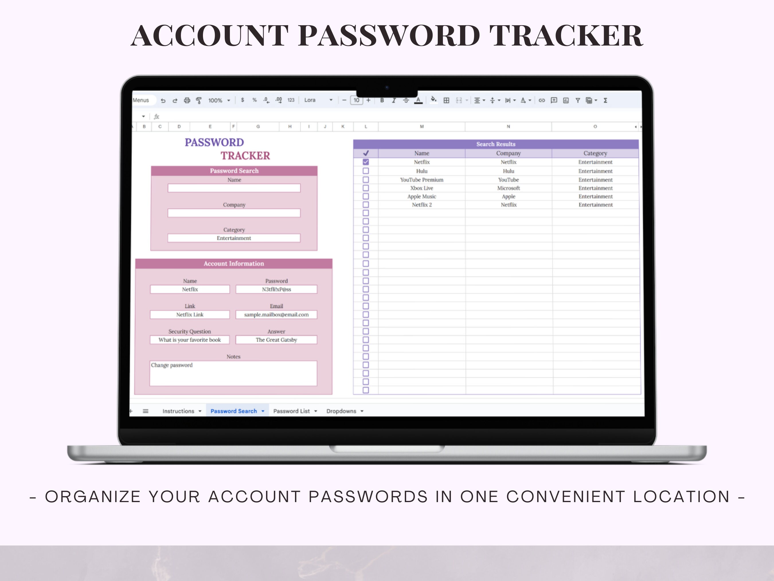 Account Password Tracker Template for Google Sheets, Password Organizer ...