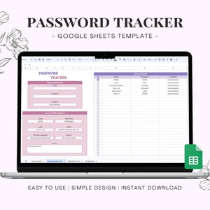 Account Password Tracker Template for Google Sheets, Password Organizer Log, Subscription List, Account Management Tracking Spreadsheet image 1