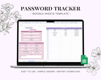 Accountwachtwoordtrackersjabloon voor Google Spreadsheets, wachtwoordorganisatorlogboek, abonnementslijst, spreadsheet voor het bijhouden van accountbeheer