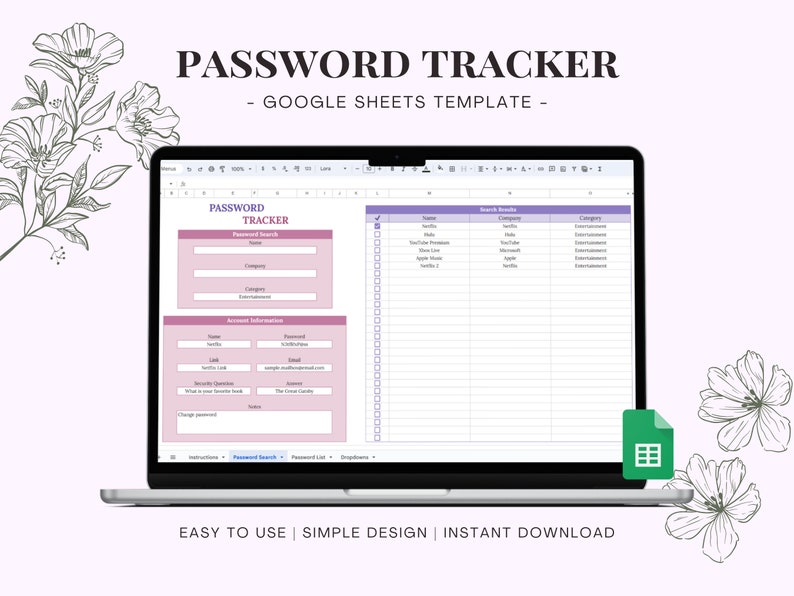 Account Password Tracker Template for Google Sheets, Password Organizer Log, Subscription List, Account Management Tracking Spreadsheet image 1