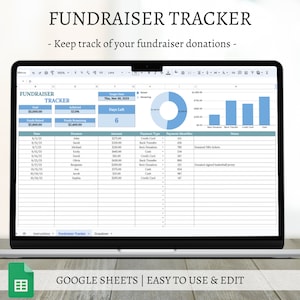 May include: A screenshot of a Google Sheet spreadsheet titled "Fundraiser Tracker" with a blue and white pie chart and a bar graph. The spreadsheet is used to track donations, including the donor's name, date, amount, payment type, and payment identifier. The spreadsheet also includes a section for notes. The spreadsheet is designed to help users keep track of their fundraiser donations.