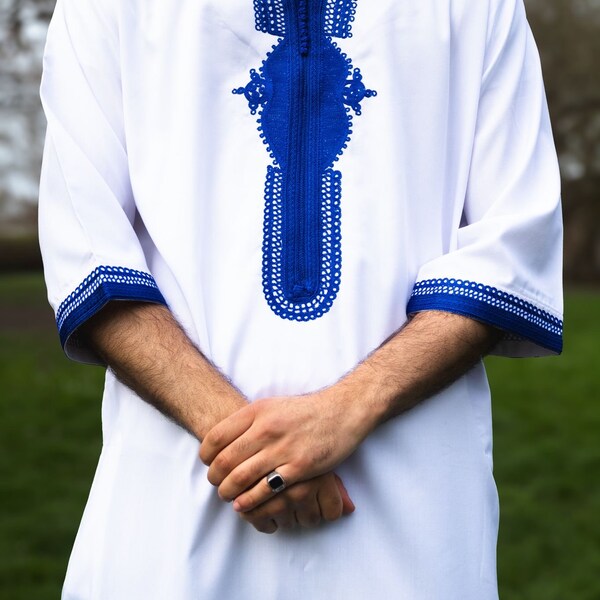 White & Royal Blue Moroccan Thobe/Jubbah/Disdasha/Kandura/Qamis