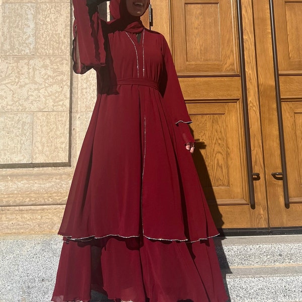 Amira Abaya ~ Layered chiffon abaya - diamond lined - free matching hijab