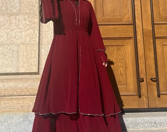 Amira Abaya ~ Mehrlagige Chiffon-Abaya – mit Diamanten gefüttert – kostenloser passender Hijab