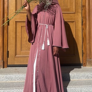 Ethereal Abaya Diamond lined Open Abaya Nada fabric free matching hijab image 5