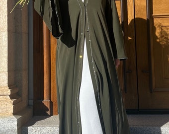 Abaya éthérée ~ Abaya ouverte doublée de diamants - Tissu nada - hijab assorti gratuit