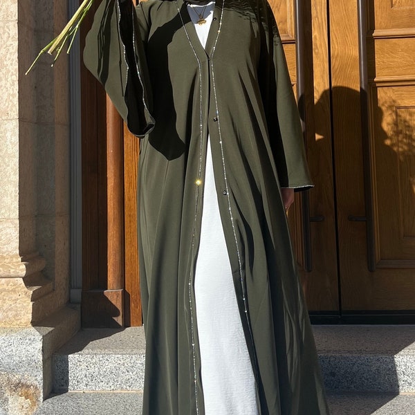 Abaya éthérée ~ Abaya ouverte doublée de diamants - Tissu nada - hijab assorti gratuit
