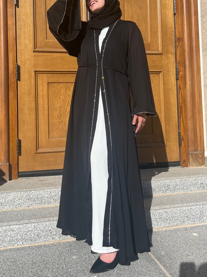 Ethereal Abaya Diamond lined Open Abaya Nada fabric free matching hijab image 4
