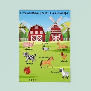 Animales de granja en español / Pósters educativos de pared / Español / Aprendizaje infantil