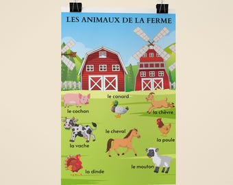 French Farm Animals Poster / Affiches en Francais / Kids Learning / Educational Poster