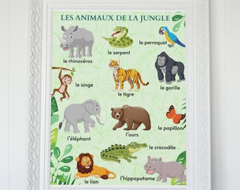 French Jungle Animals Poster/ Educational Wall Prints / Affiches en Francais