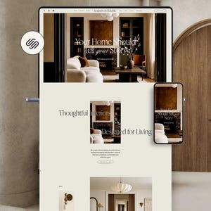 May include: A digital display of a website titled Maison Interior, featuring a cream-colored background with the text Your Home Should Tell your Story, Thoughtful interiors, and Designed for Living, alongside a mobile phone showing the same site.