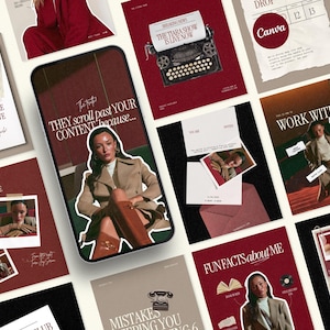 Odważne, bordowe szablony na Instagram: animowane historie, karuzele dla podcasterów i trenerów biznesowych (Canva)