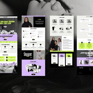 Op de afbeelding: Schermafbeelding van een website die een social media marketingcursus toont met testimonials, prijsopties en een call-to-action-knop. De website is ontworpen met een moderne, minimalistische esthetiek en heeft een paars-groen kleurenschema.