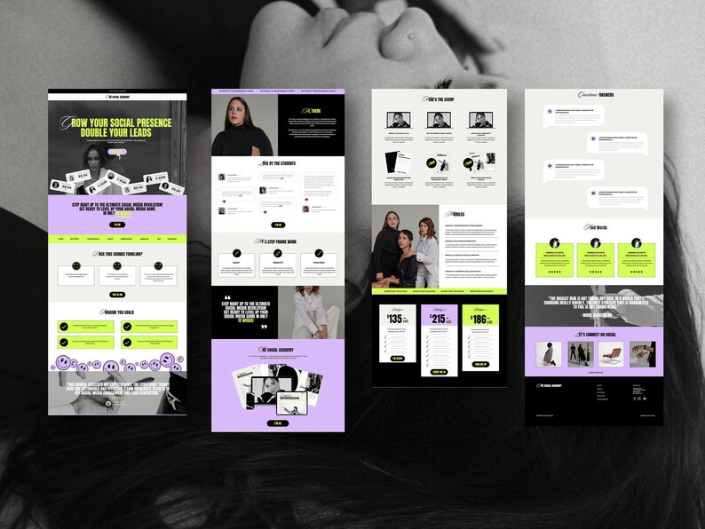 Op de afbeelding: Schermafbeelding van een website die een social media marketingcursus toont met testimonials, prijsopties en een call-to-action-knop. De website is ontworpen met een moderne, minimalistische esthetiek en heeft een paars-groen kleurenschema.