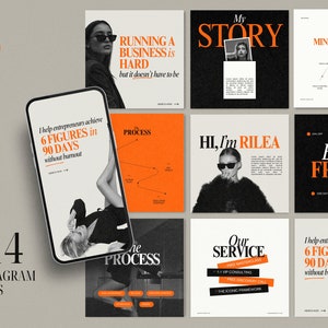 May include: A set of 114 Instagram post templates with a contemporary design. The posts use a palette of black, white, and orange, with text promoting business and marketing services. The Canva logo is visible.