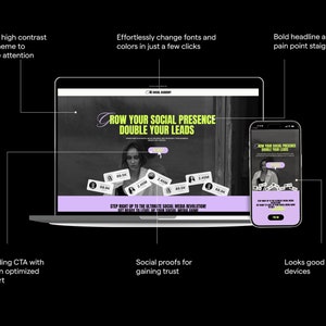 Op de afbeelding: Een laptop en een mobiele telefoon tonen een website met een zwart-wit ontwerp. De website toont een vrouw met een gedurfde kop die luidt "Groei je sociale aanwezigheid Verdubbel je leads". De website bevat ook social proof met volgersaantallen en een call-to-action-knop.