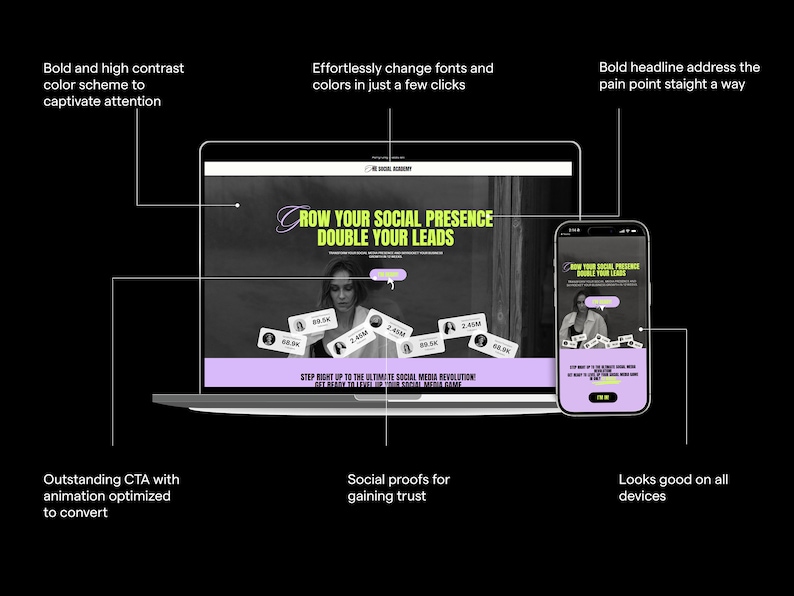 Op de afbeelding: Een laptop en een mobiele telefoon tonen een website met een zwart-wit ontwerp. De website toont een vrouw met een gedurfde kop die luidt "Groei je sociale aanwezigheid Verdubbel je leads". De website bevat ook social proof met volgersaantallen en een call-to-action-knop.