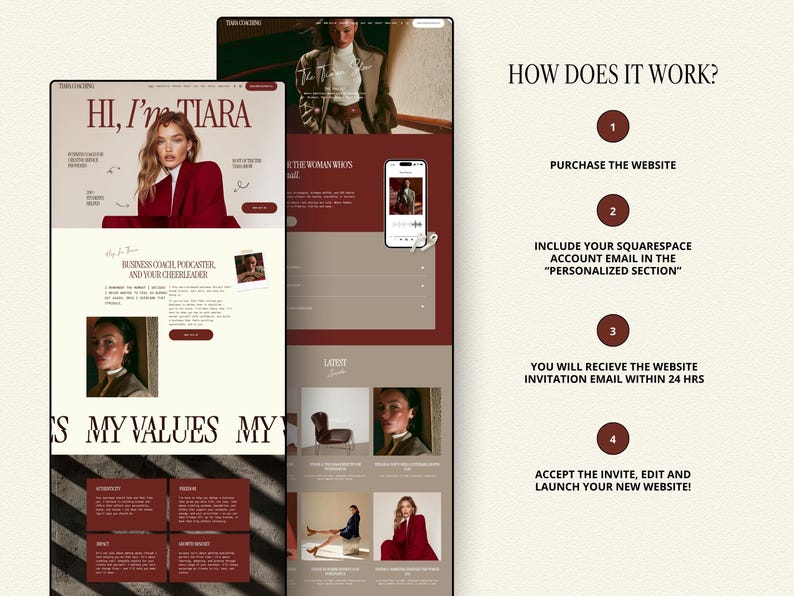 Bold Maroon Squarespace Template for Business Coach, Blogger website, Course Creator Website, life coaching Template, consulting website