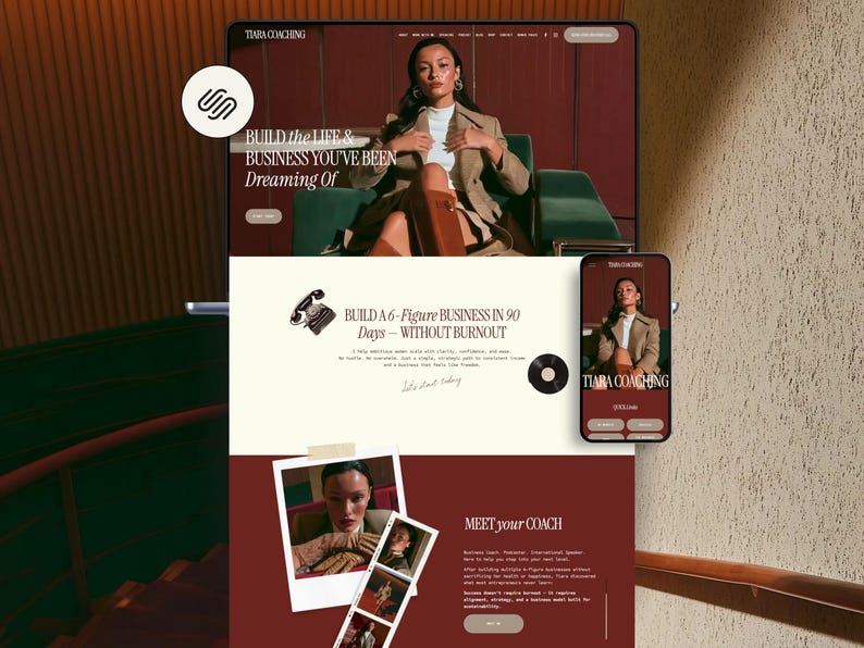 Bold Maroon Squarespace Template for Business Coach, Blogger website, Course Creator Website, life coaching Template, consulting website