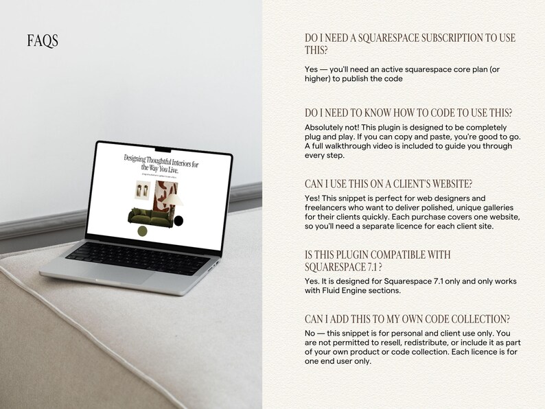 May include: A laptop displaying a website with the text Designing Thoughtful Interiors for the Way You Live, alongside a list of FAQs regarding Squarespace subscription requirements, coding knowledge, client website usage, compatibility, and licensing.